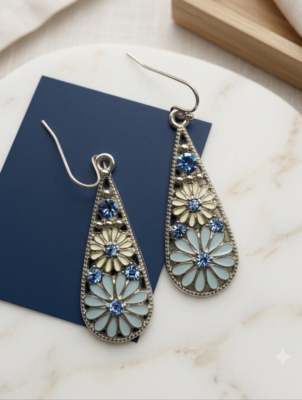 Blue and Pale Yellow Floral Teardrop Earrings - Picture 4 of 16